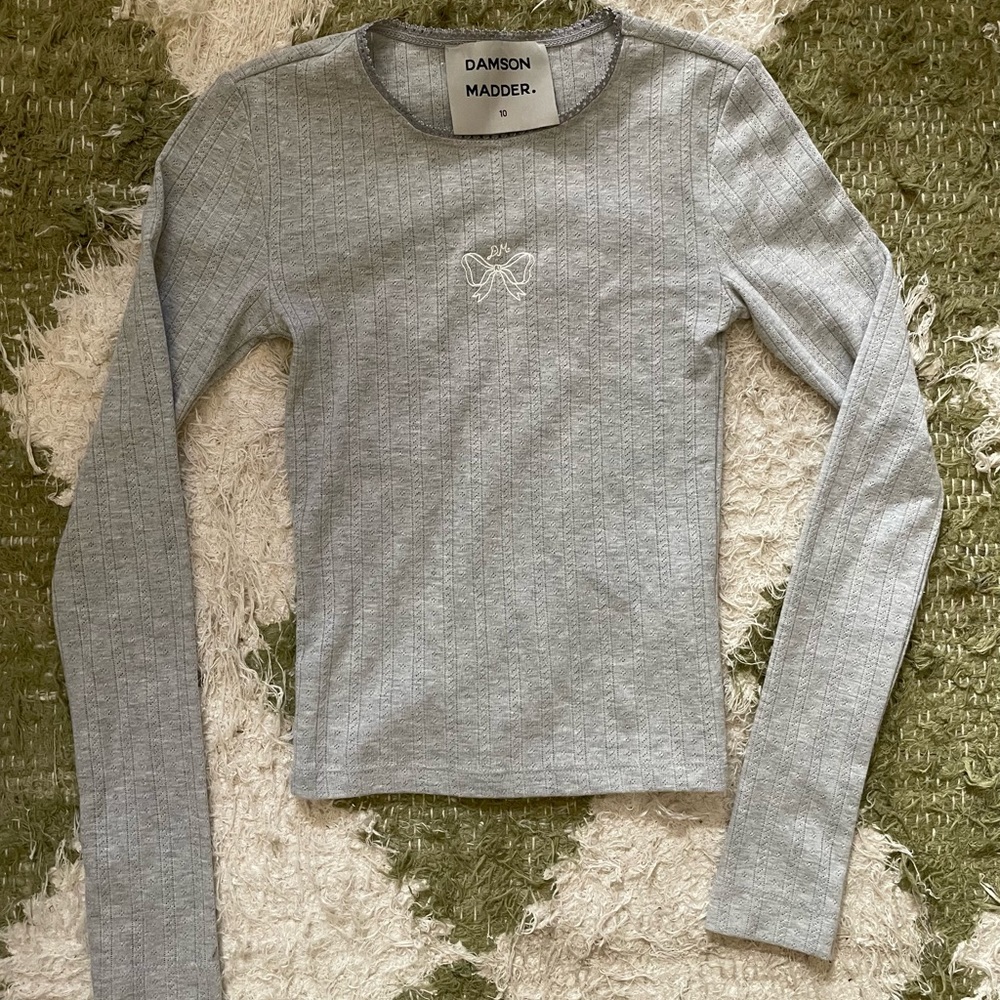 NEW Damson Madder Lua Long-Sleeve Pointelle Top, Grey size UK10 (fits like XS)
